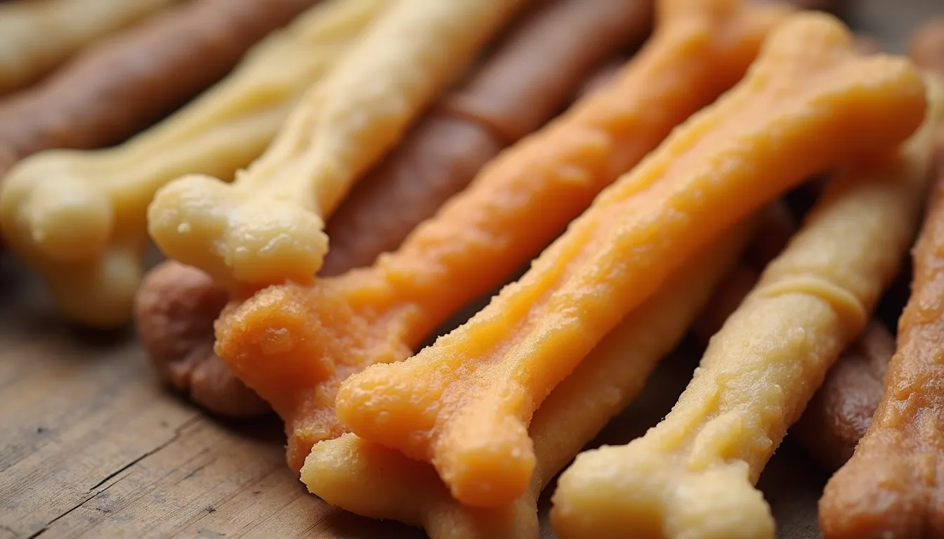 Close-up view of natural dog chews arranged neatly