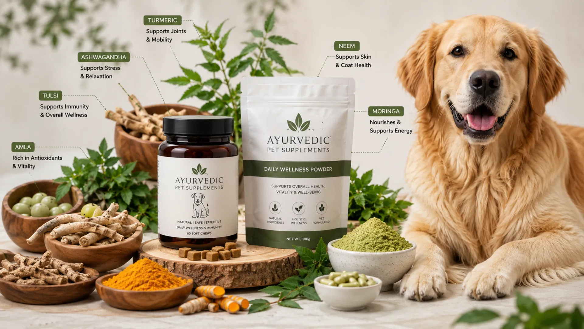 Premium Ayurvedic ingredients including Ashwagandha, Turmeric, Tulsi, Neem, Moringa and Amla used in modern pet wellness and supplement products.