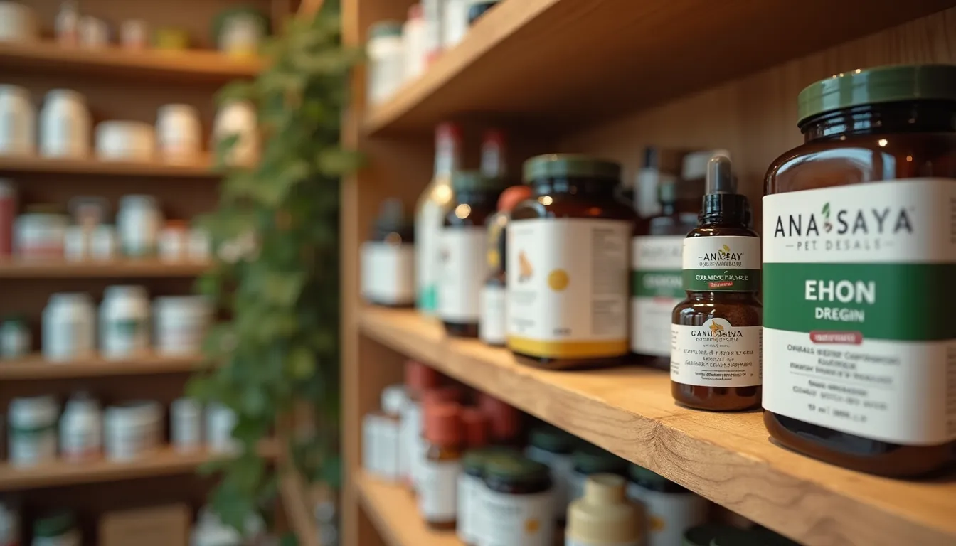 Eye-level view of natural Ayurvedic pet products arranged on wooden shelves