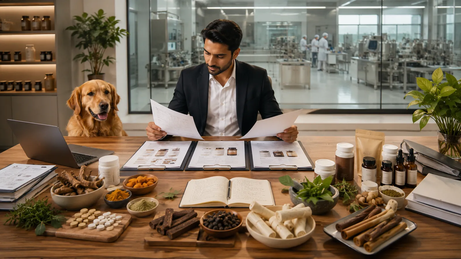 Business executive evaluating private label pet supplement manufacturing proposals with product samples, packaging concepts, quality documents, and a modern production facility in the background.