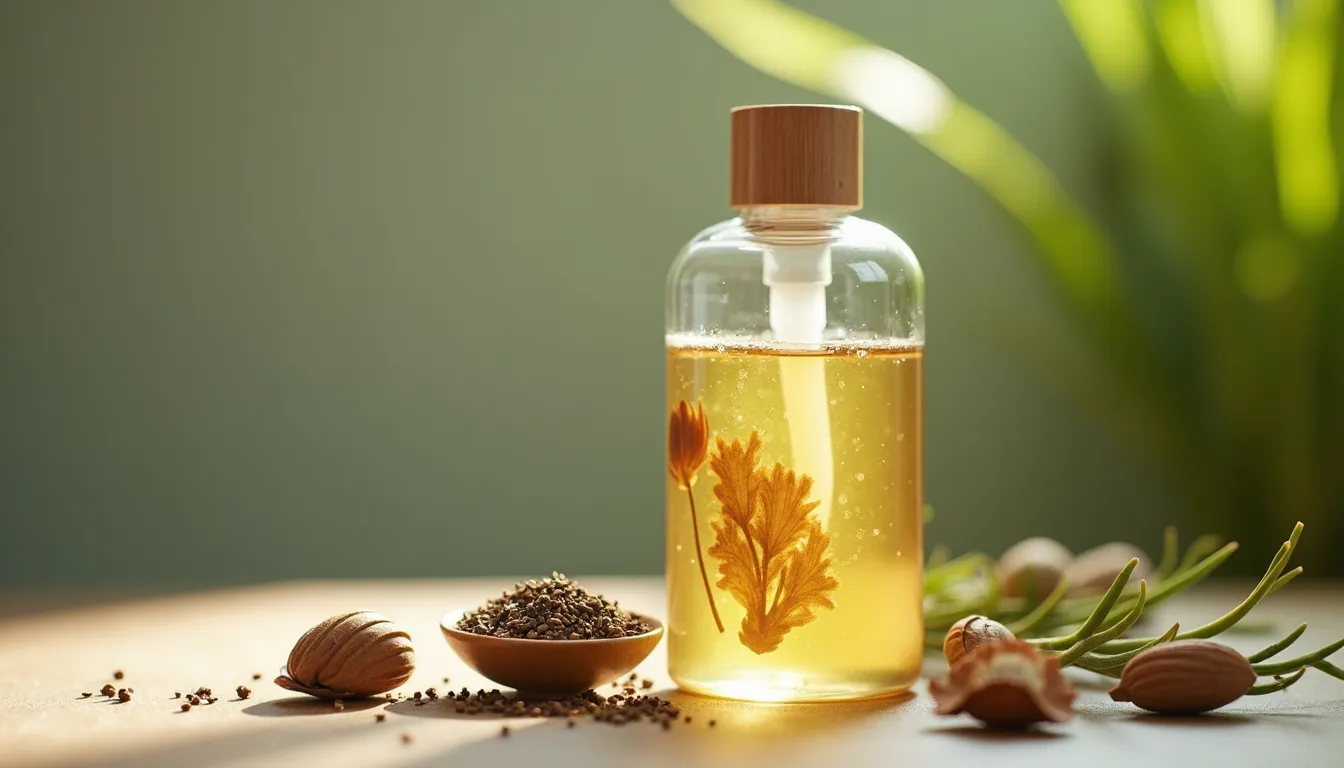 Close-up view of Ayurvedic herbal pet shampoo bottle with natural herbs