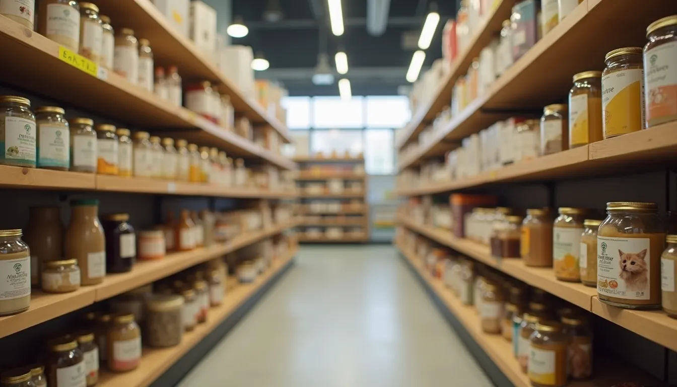 Eye-level view of shelves filled with natural Ayurvedic pet products