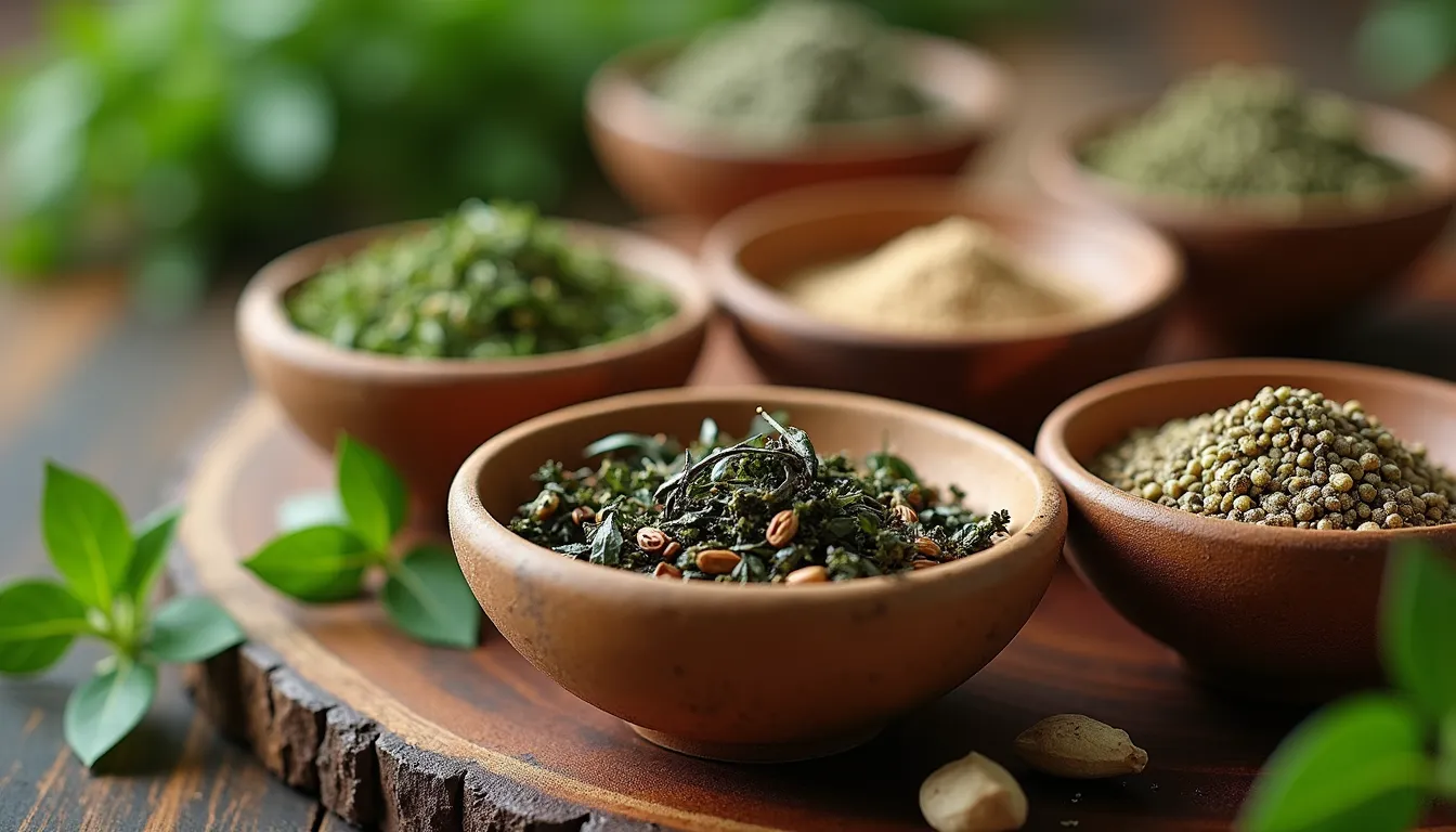 Eye-level view of natural Ayurvedic herbs arranged in bowls