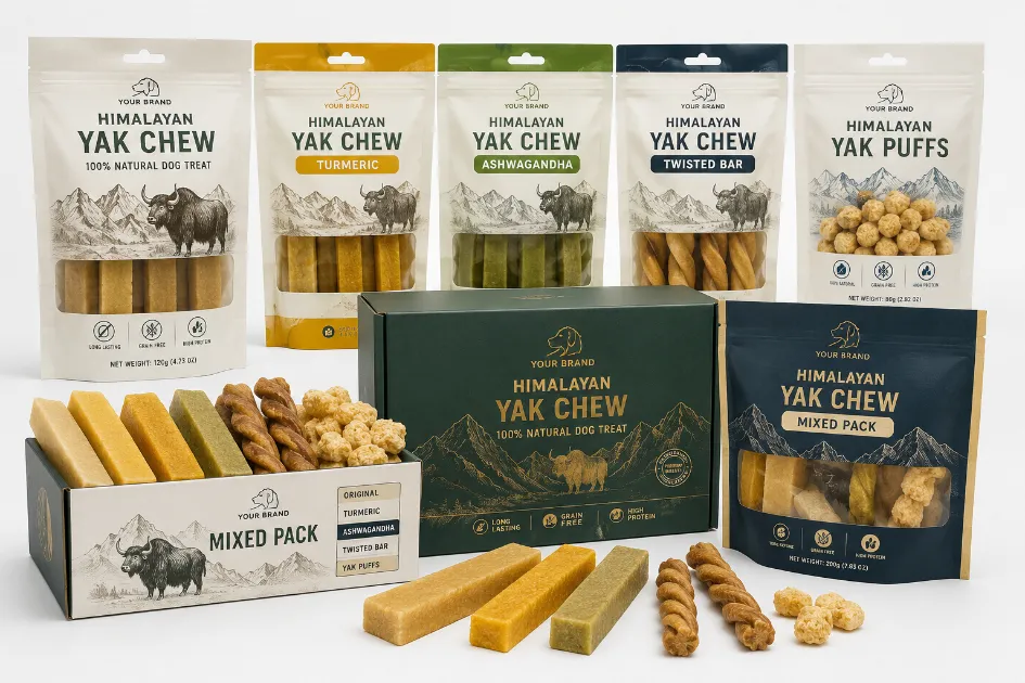 Himalayan Yak Chews in retail packaging prepared for private label distribution and international export