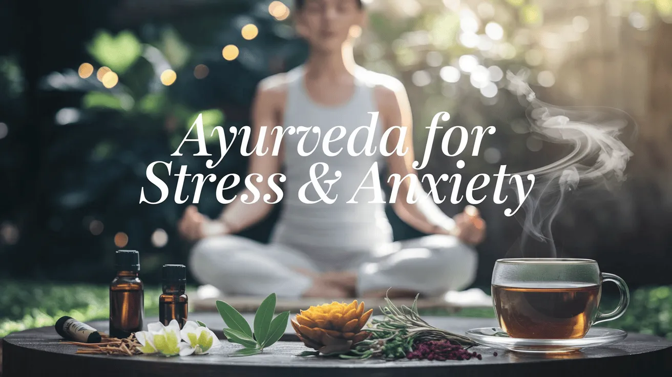A serene woman practicing meditation with Ayurvedic herbs like Ashwagandha, Brahmi, and Tulsi placed beside her, symbolizing natural stress relief and holistic well-being.