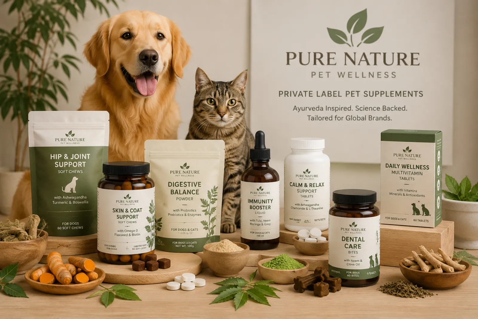 Premium private label pet supplement products featuring soft chews, powders, tablets and liquid supplements with Ayurvedic ingredients including Ashwagandha and Turmeric for pet wellness brands.