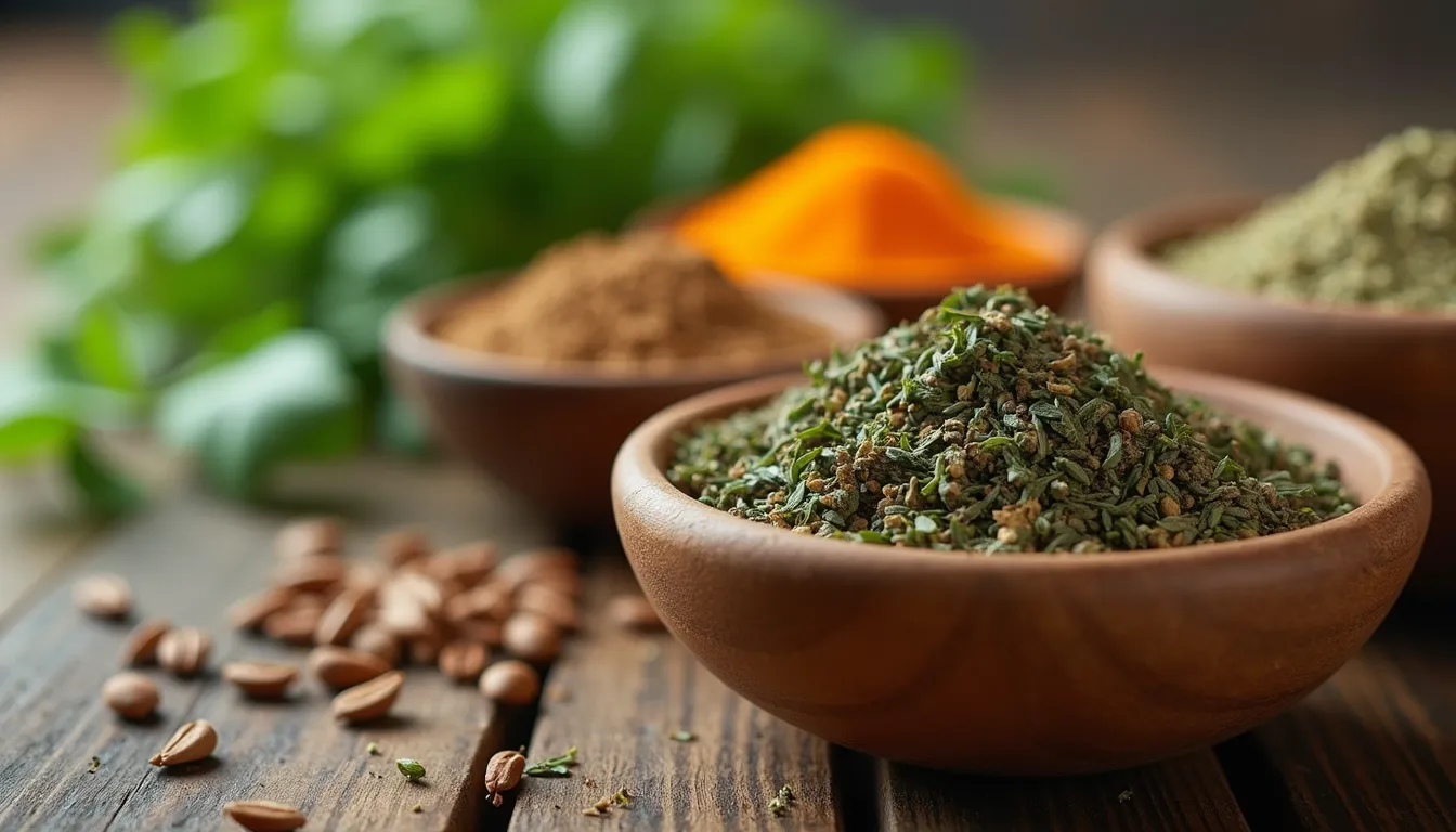 Close-up view of Ayurvedic herbs in wooden bowls