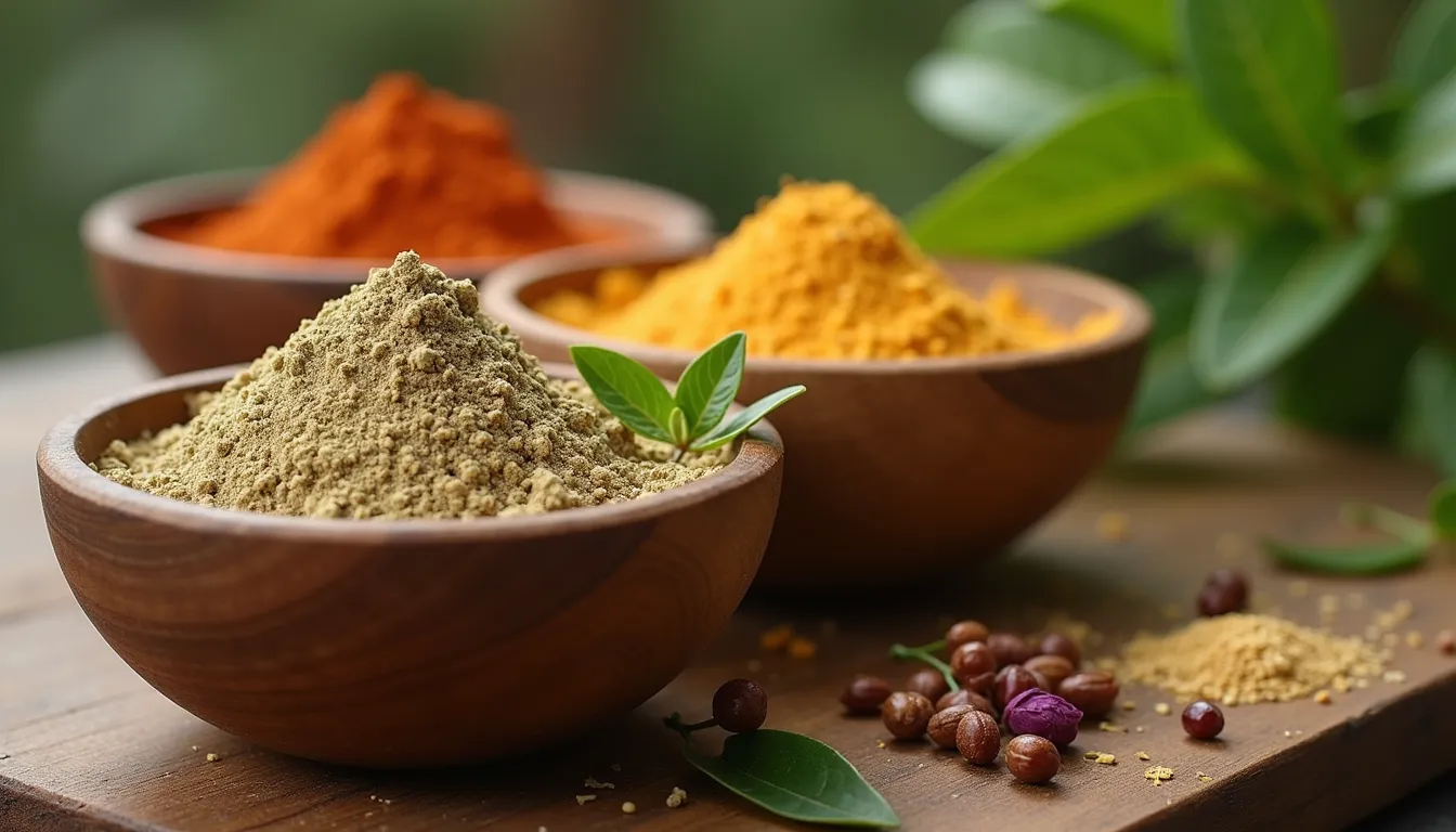 Close-up view of Ayurvedic herbs and powders in wooden bowls