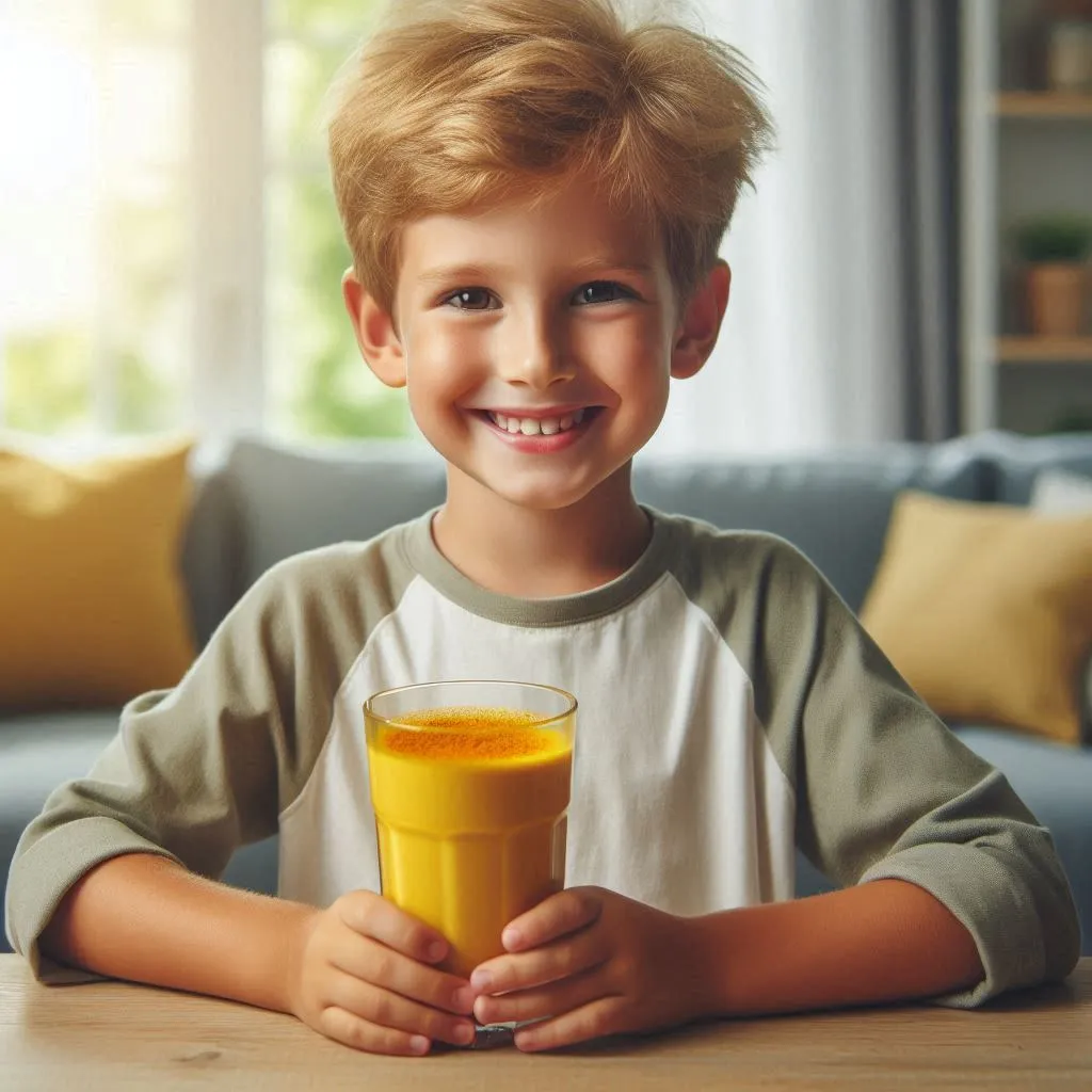 Young boy smiling, holding a glass of turmeric milk in a cozy living room with soft lighting. Warm colors and a cheerful mood.