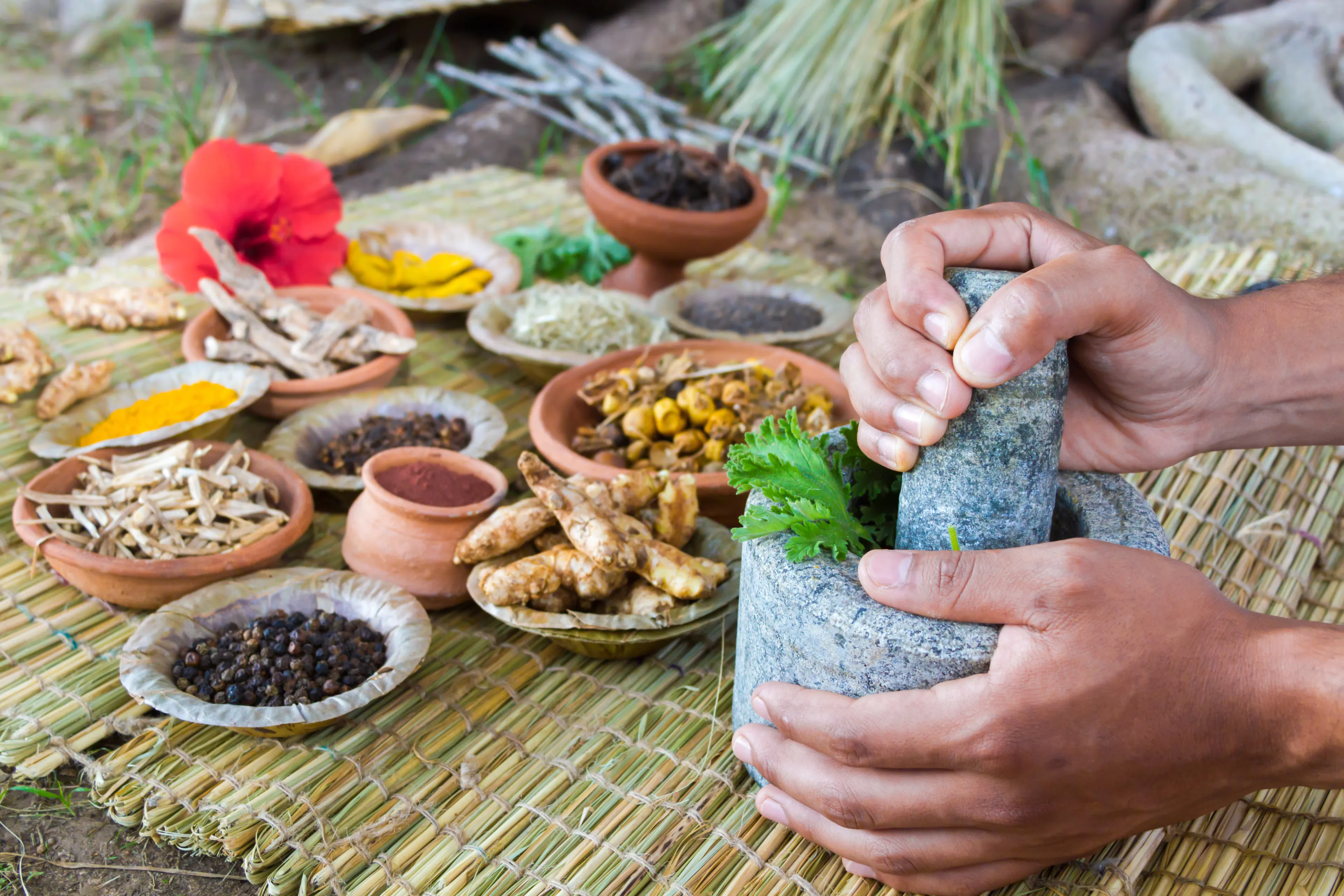 Assorted Ayurvedic supplements, including capsules, powders, and syrups, made with natural herbs."