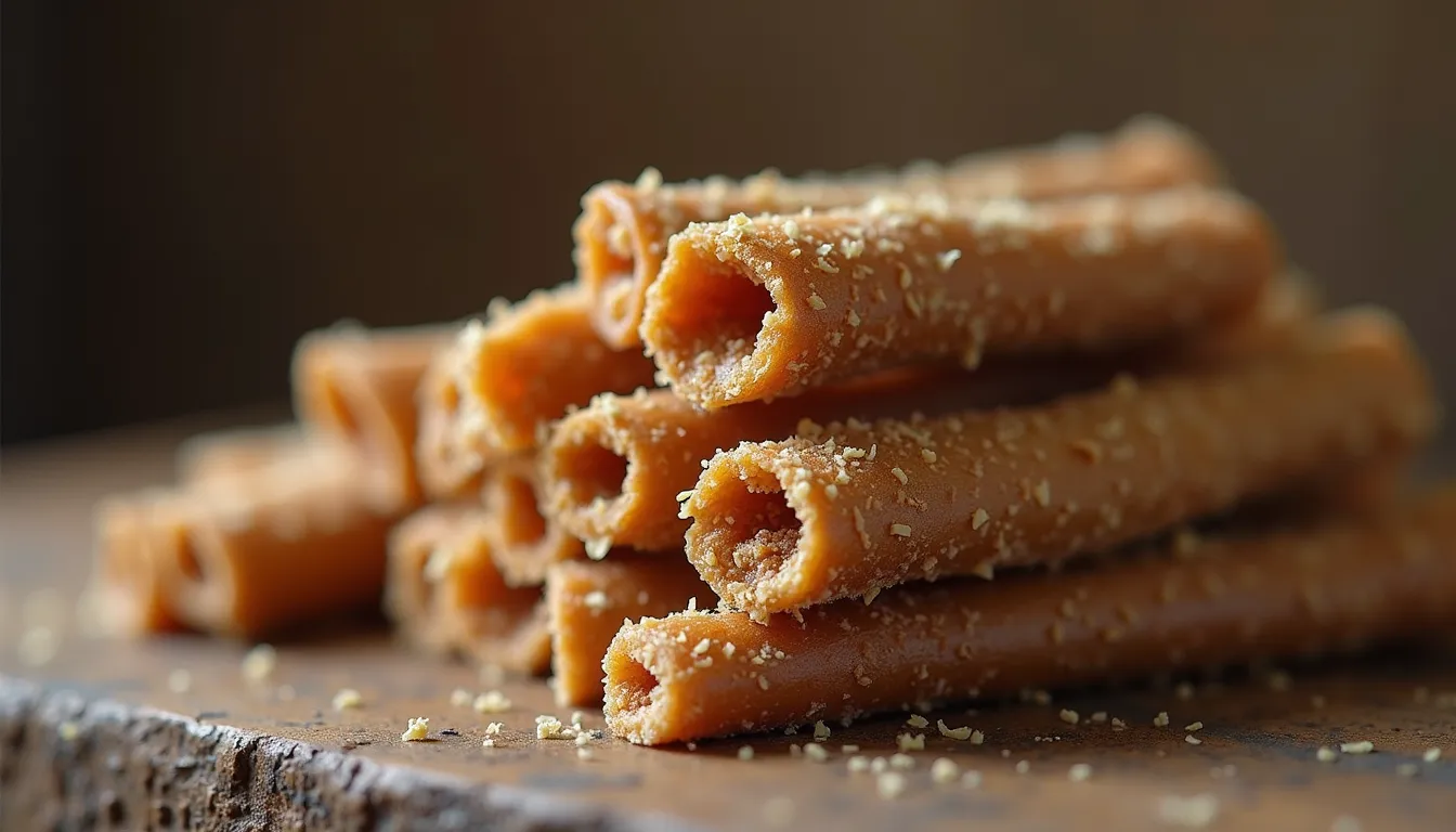 Close-up view of natural yak chews stacked neatly