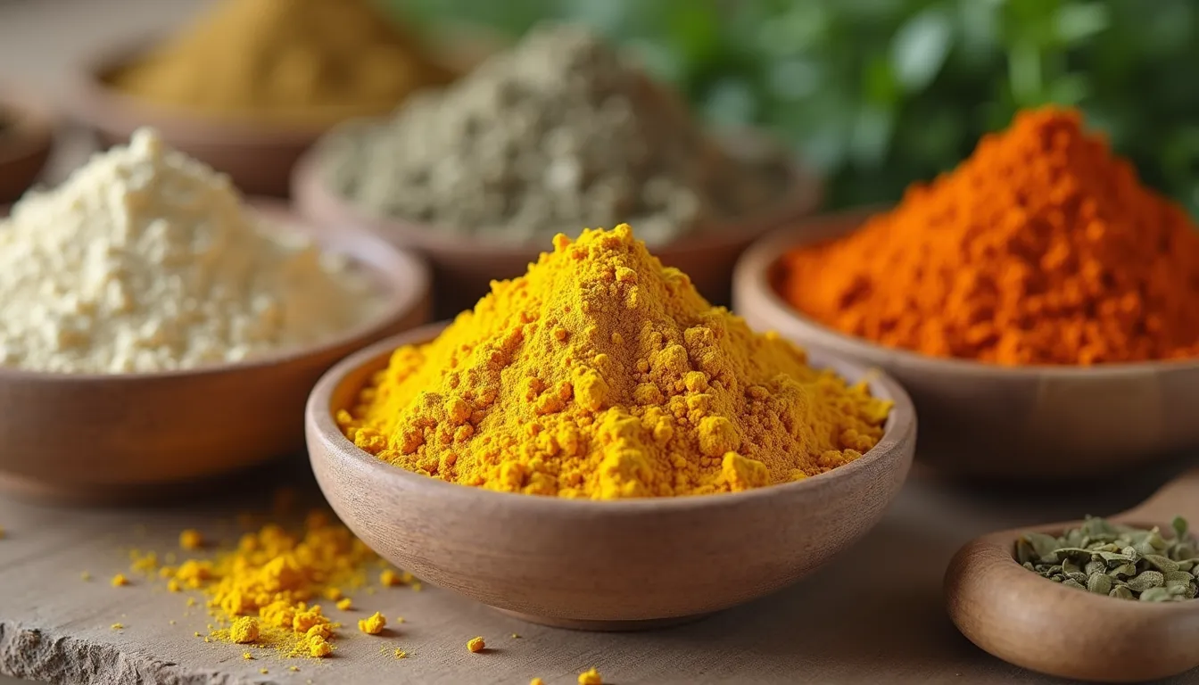 Close-up view of Ayurvedic herbs and powders for pet care