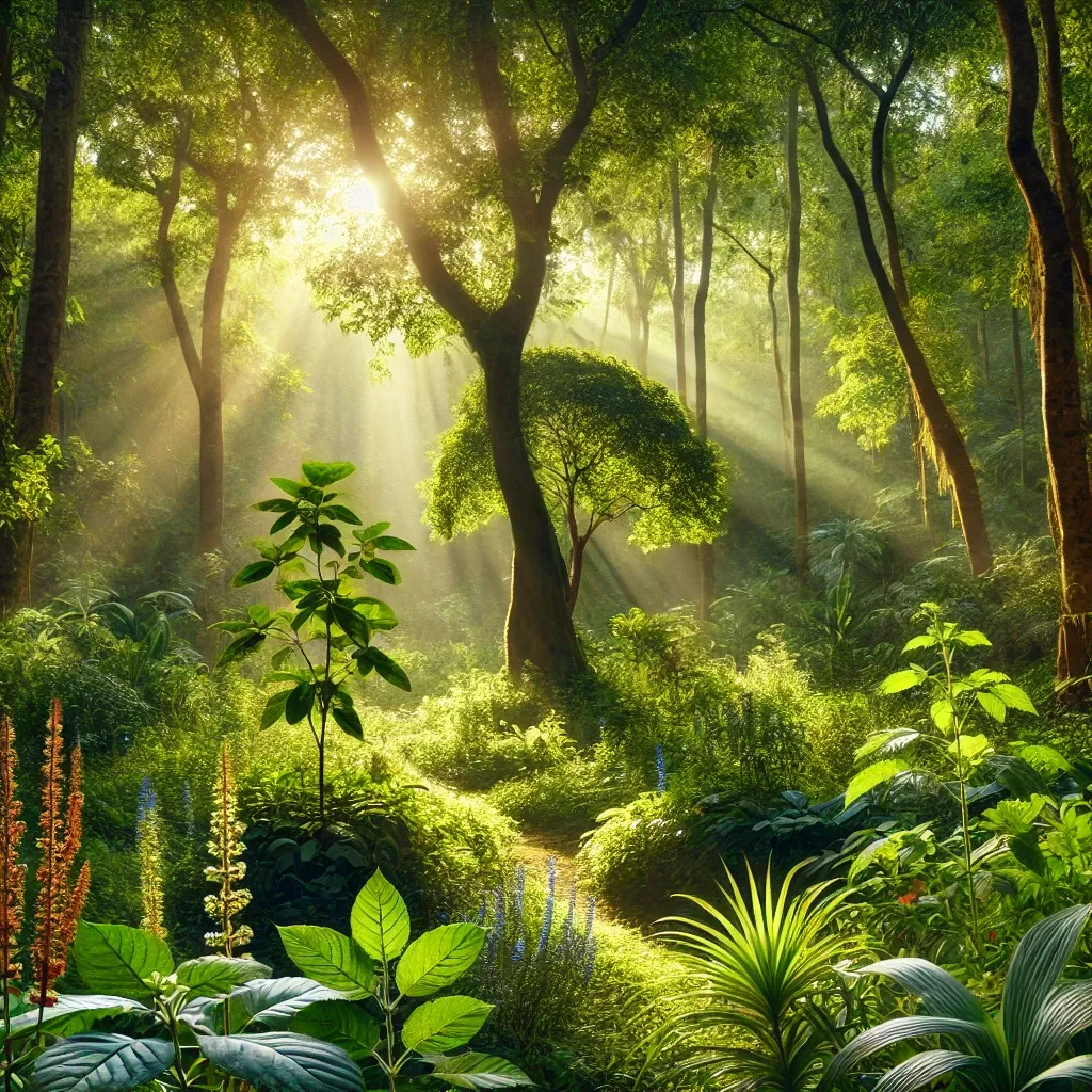 A lush Indian forest featuring medicinal plants like tulsi, ashwagandha, and neem, with sunlight filtering through the dense greenery.