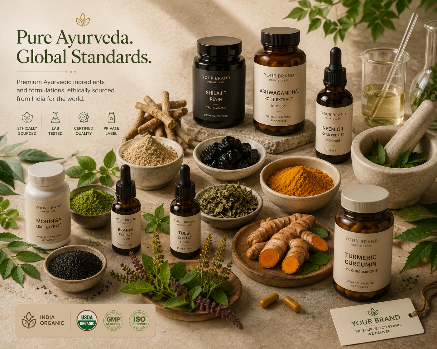 Premium Ayurvedic ingredients and formulations prepared for international export