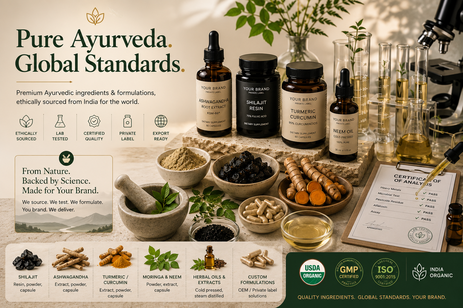 Premium Ayurvedic botanicals and extracts ready for international export