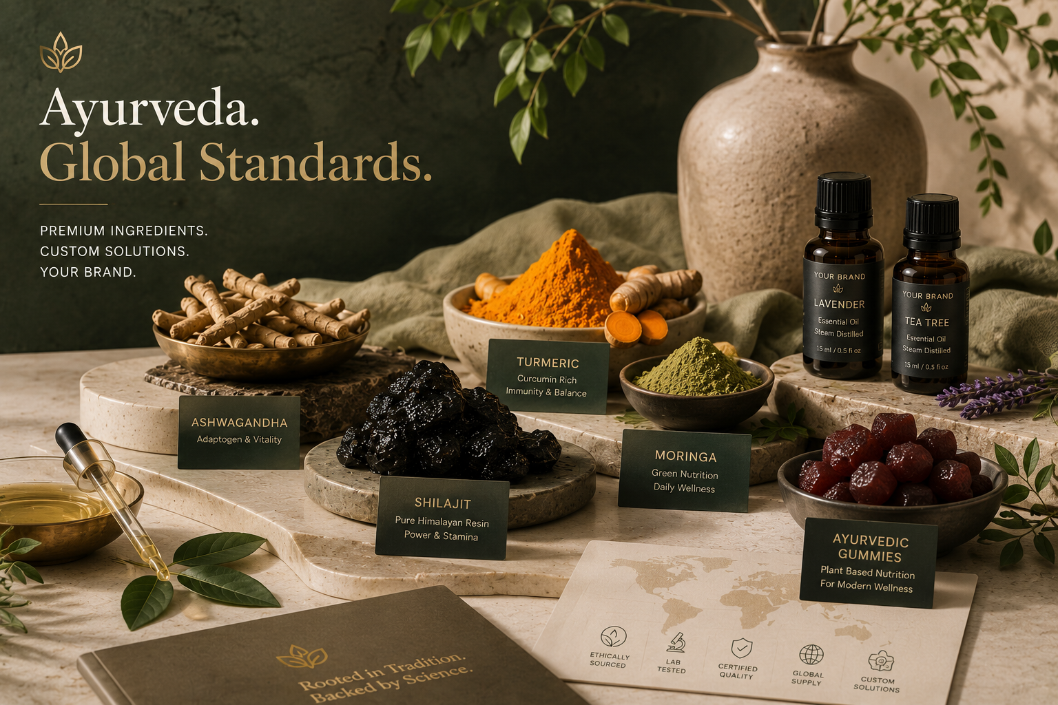 Closeup of Ayurvedic botanical ingredients — quality verified and export ready
