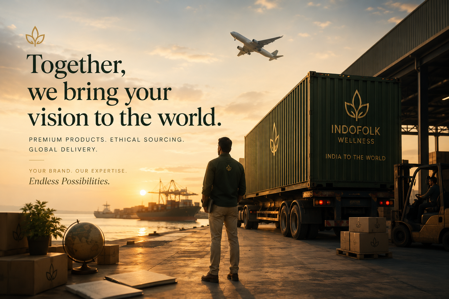 A contemplative figure overlooking a shipping port at dusk — representing the bridge between India and global markets
