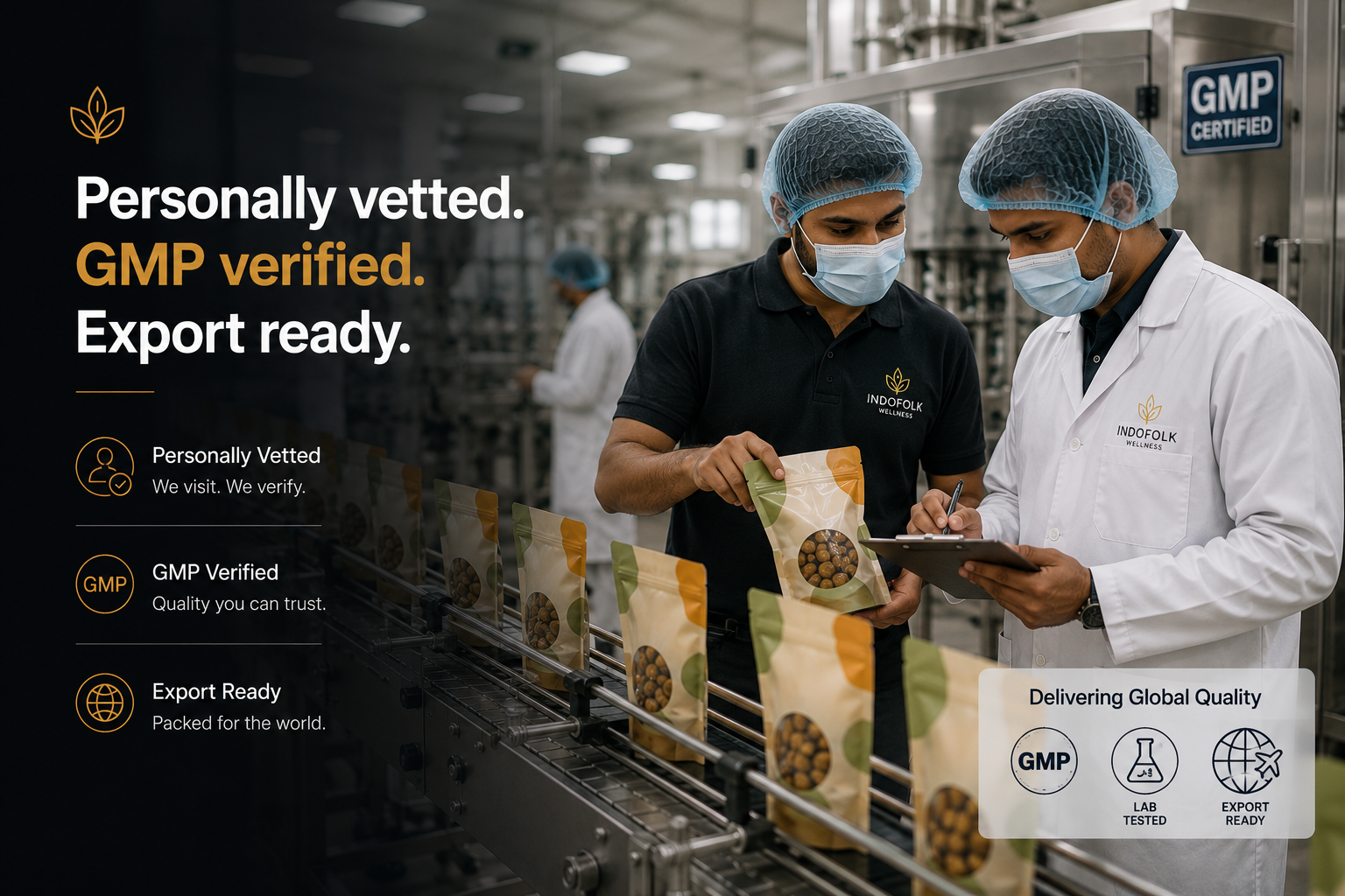 GMP-verified Indian factory production line — IndoFolk Wellness quality verification in action