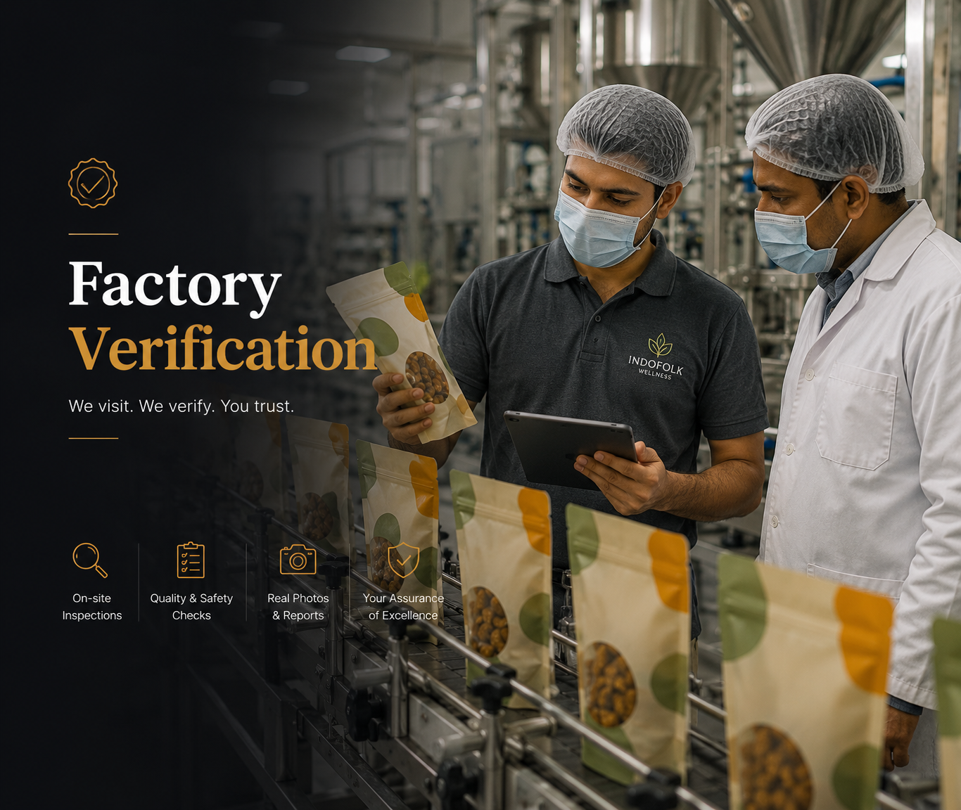IndoFolk Wellness team members conducting quality inspection on the factory production line