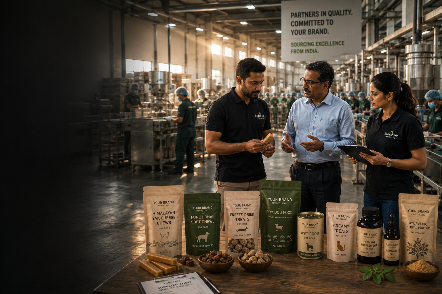 IndoFolk Wellness team reviewing products with an international client inside a GMP-certified Indian factory