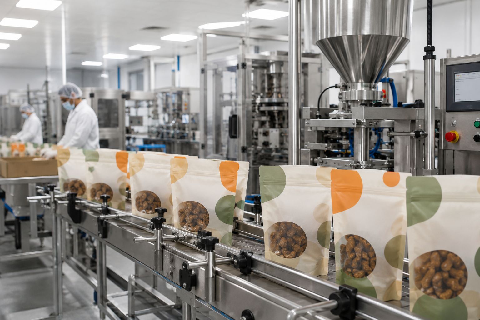 GMP-certified pet product manufacturing facility in India — branded pouches moving along a production line