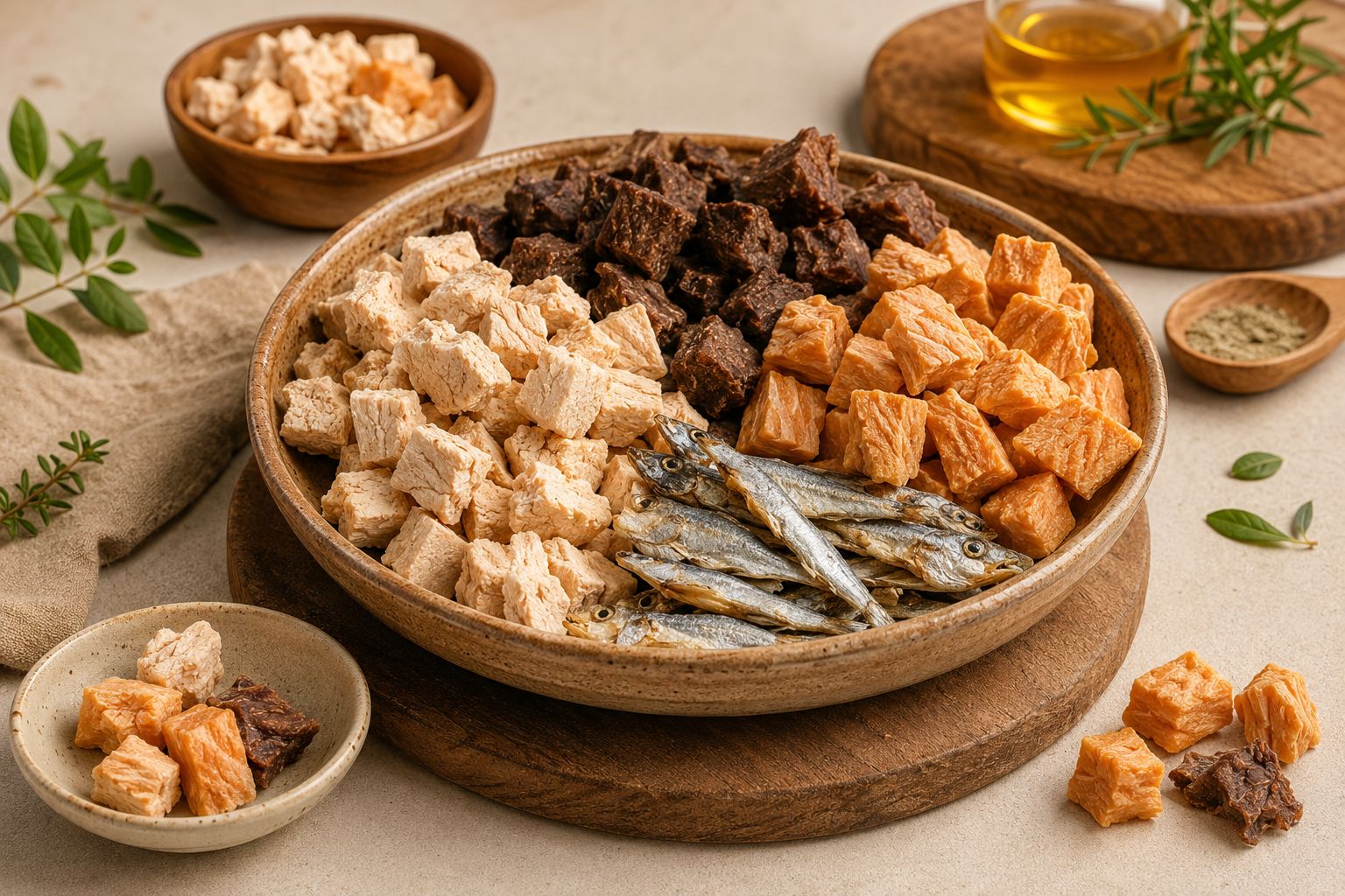 Freeze-dried pet treats variety — chicken cubes, salmon pieces and whole dried fish