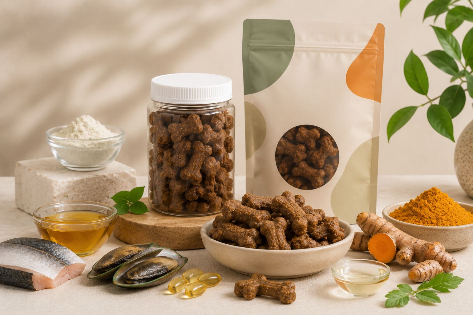 Functional dog treats and bone-shaped biscuits with turmeric, omega-3 and natural ingredients