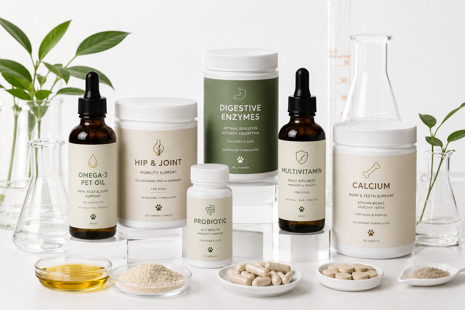 Pet supplement range — Hip and Joint, Omega-3 Oil, Probiotic, Digestive Enzymes, Multivitamin, Calcium