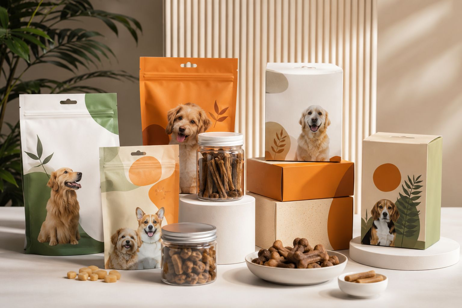 Private label pet product packaging range — custom pouches, jars and boxes with brand designs