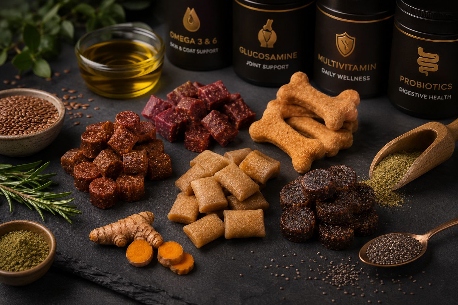 Functional pet supplements and herbal ingredients including turmeric, omega-3, and natural treat varieties sourced from India