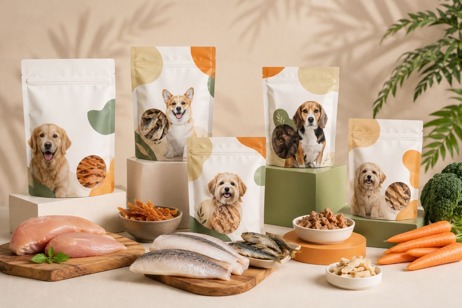 Chicken jerky and fish treats in custom private label pouches with dog breed photos